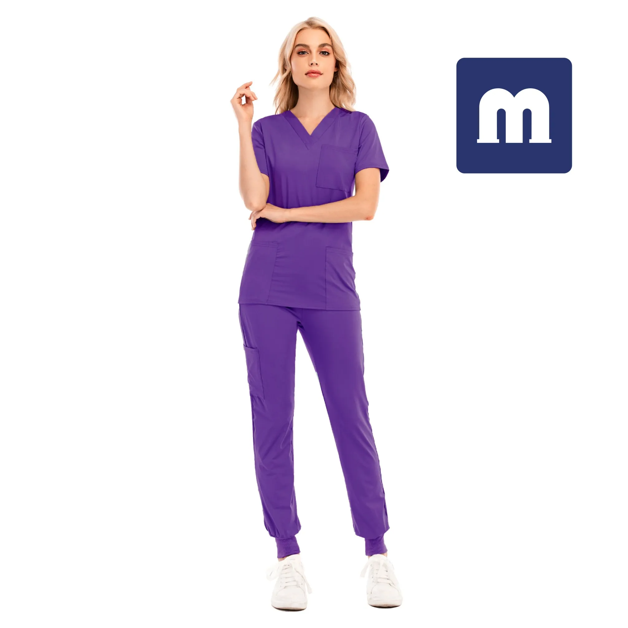 Medigo-033 Kvinnors Tvåbitbyxor Solid Färg Spa Trådad klinik Arbetskort Toppar + Byxor Unisex Scrubs Hospital Pet Nursing Medical Uniform Suit
