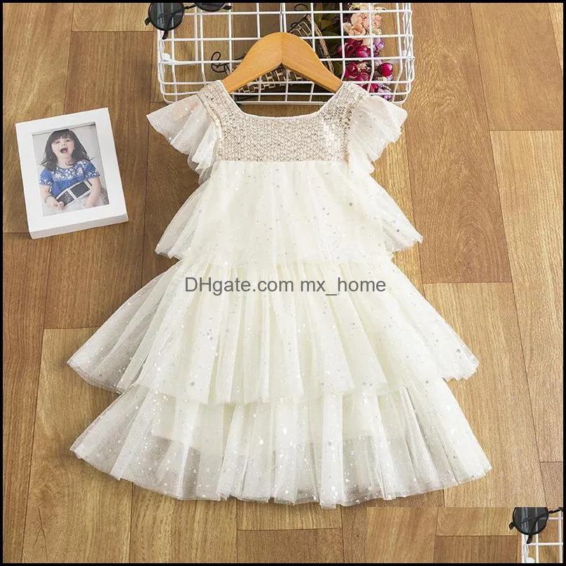 Girls Flower Princess Dresses For Kids Sequins Elagant Tulle Party Net yarn Mesh Dress Birthday Wedding Korean version Children Casual Clothing