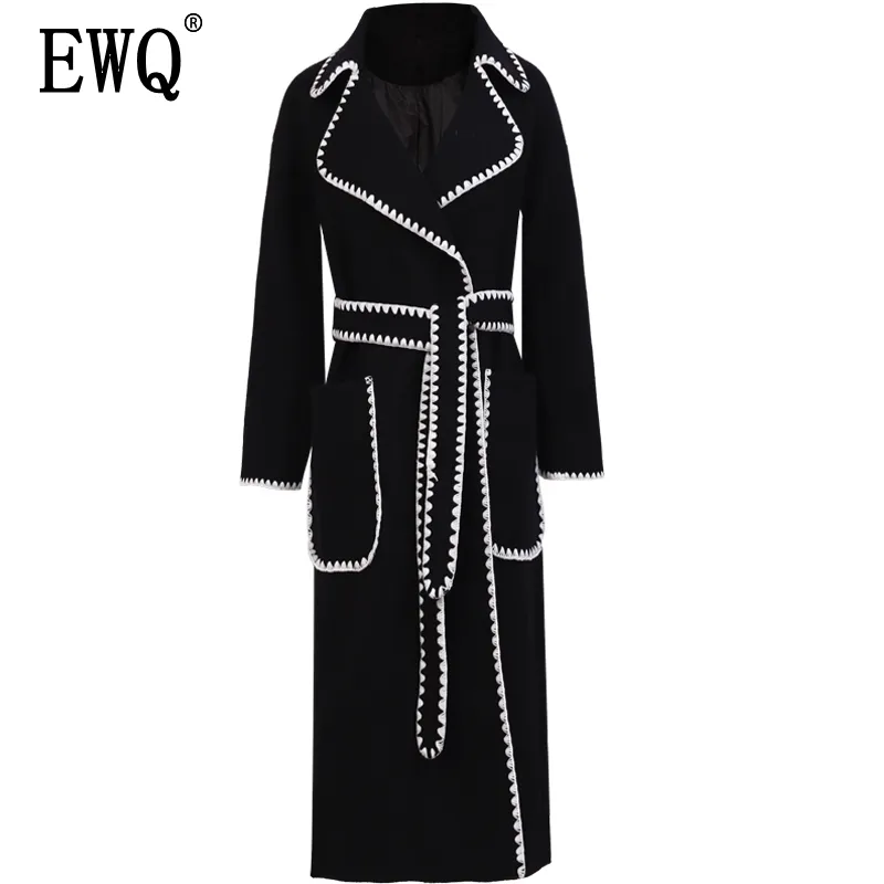 [EWQ] Automne Hiver Nouveau Style Revers À Manches Longues Blanc Patchwork Taille Réglable Manteau De Laine Vintage Fashoin Marée AH13411M 201027