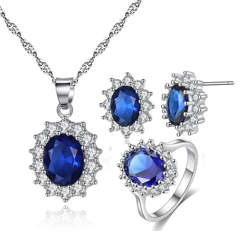 Moda azul cristal pedra brincos de casamento colar jóias conjunto noivas terno de cor de prata para mulheres