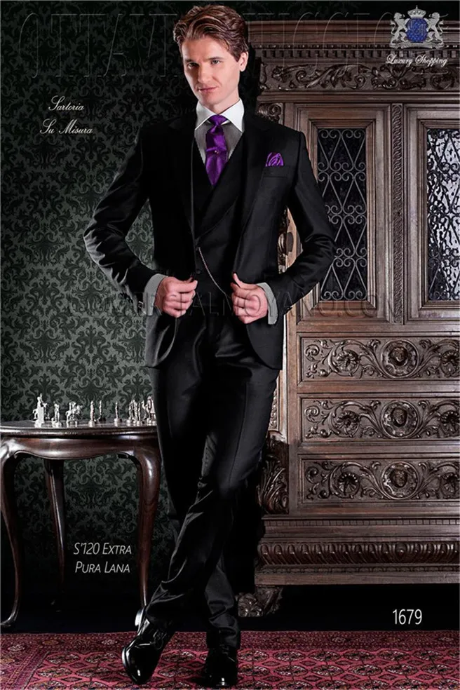 Hot Selling Groomsmen Peak Revers Bruidegom Tuxedos Shiny Black Men Past Wedding / Prom / Diner Best Man Blazer (Jack + Pants + Tie + Vest) K883