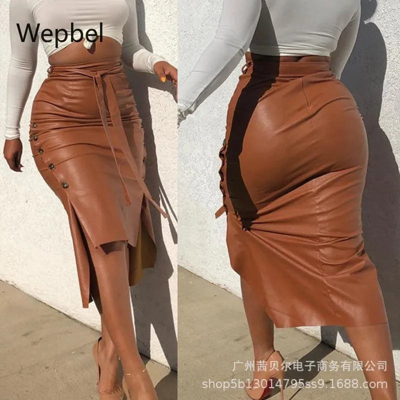 WEPBEL Sexy Women Leather Skirts Slit Long Slim-Fit Lace Up Skirts Solid Color High Waist Pencil PU Casual Club Wear