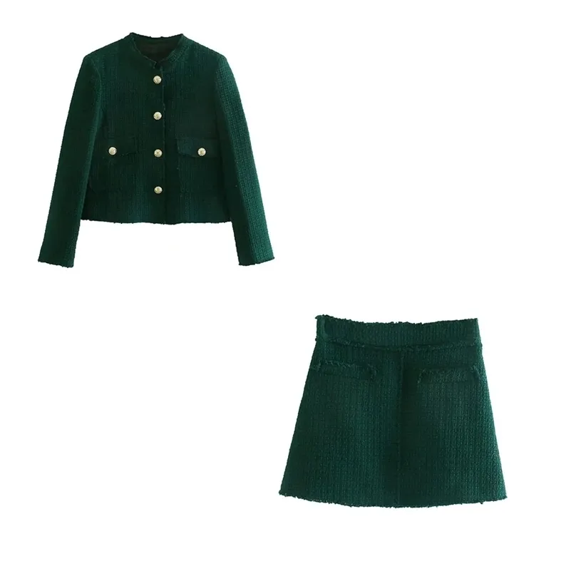 Xeasy Tweed Women Two-Piece Set Green Vintage Office Lady Singel Breasted Blazer Kvinna Casual Slim High Waist Skirt Suit 220302