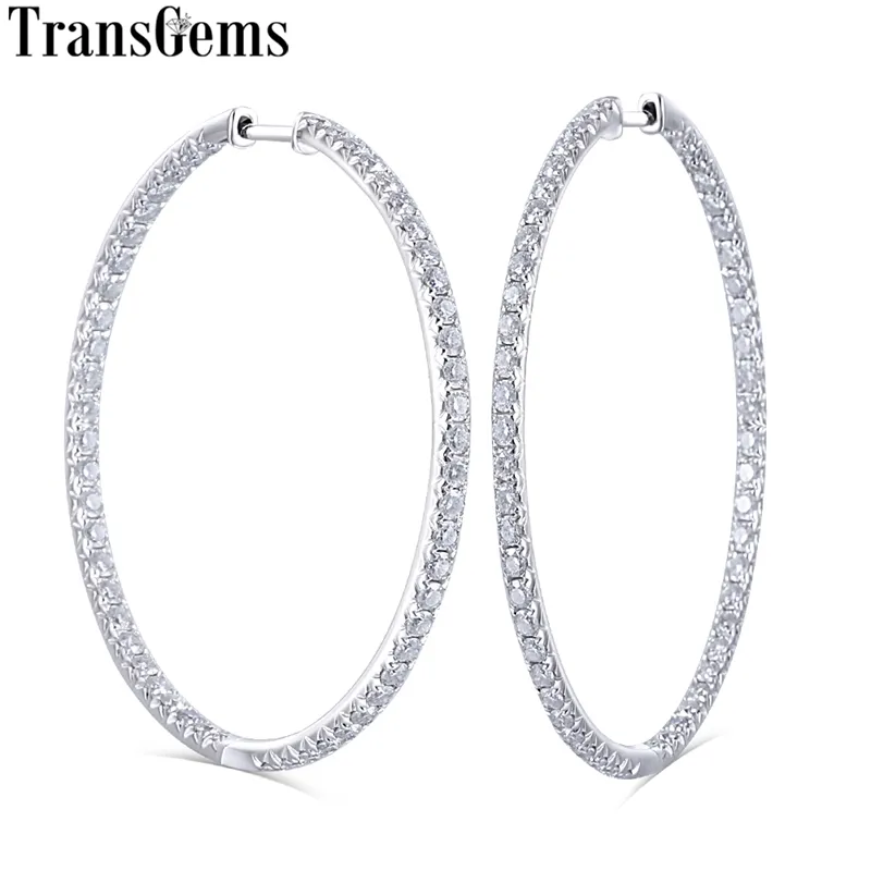 Transgems Big Size Round Brilliant 14K White Gold Moissanite Hoop Earrings 44mm Diameter With 2mm Moissanite for Women Wedding Y200620