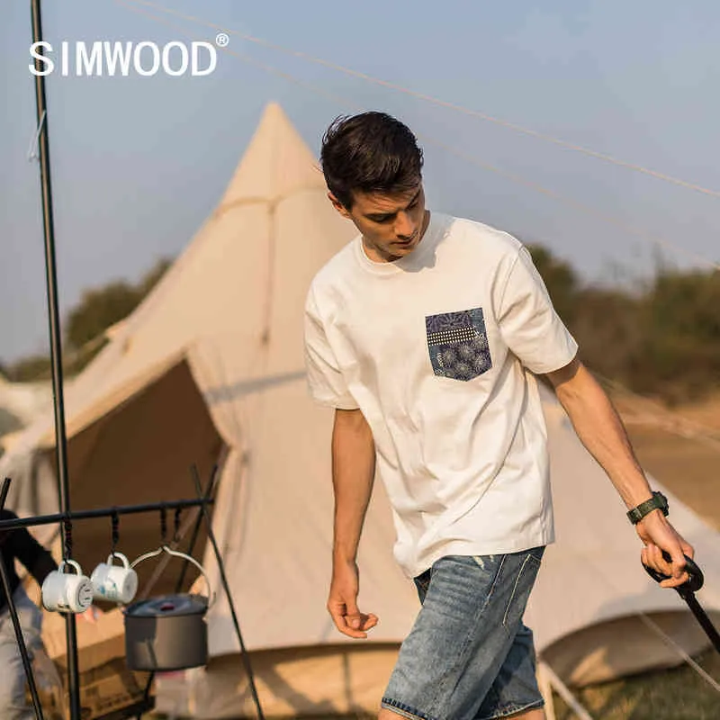 Simwood 2021 صيف جديد t-shirt الرجال 100٪٪ paisley نمط جيوب زائد الحجم المعتاد قمم ماركة الملابس المحملات SK170399 G1229