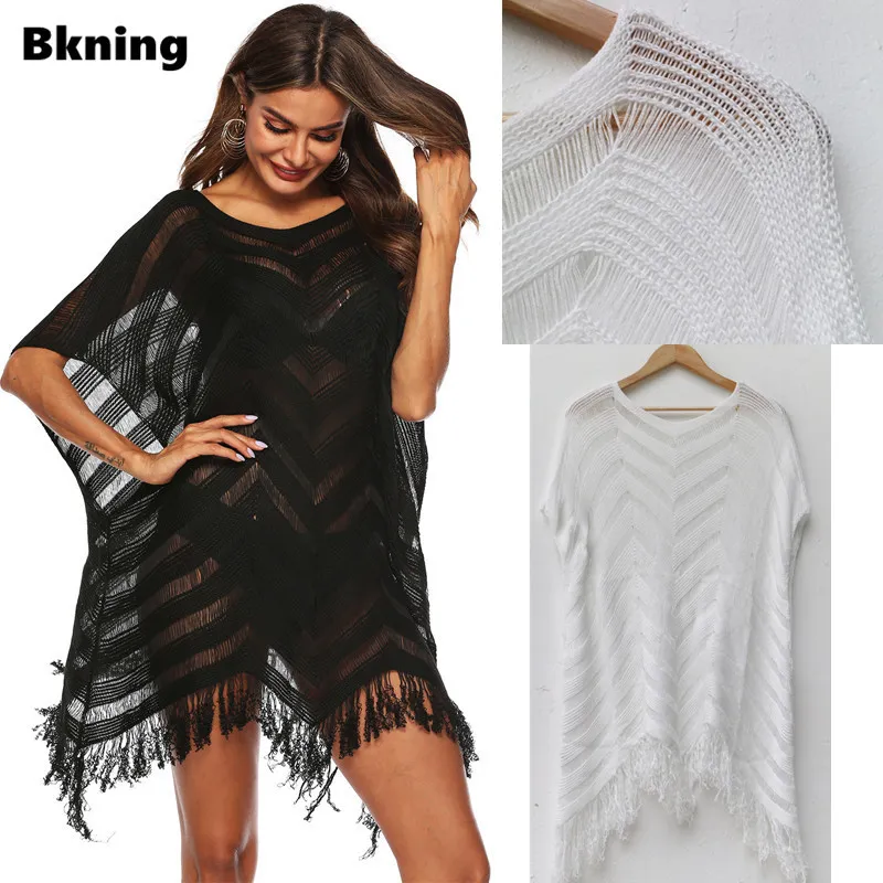 Quaste Frau Tunika Strandkleid Schwarz Beachwear Badeanzug Schwimmen Tragen Kleider Damen Badeanzug Cover Ups Weiß Schwarz V Stil Sexy T200708