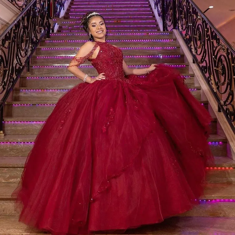 ブルゴーニュQuinceaneraドレスボールガウンスウィート16ドレスチュールレースクリスタルレイヤー王女Prom Ball Gowns Vestidos de Novia