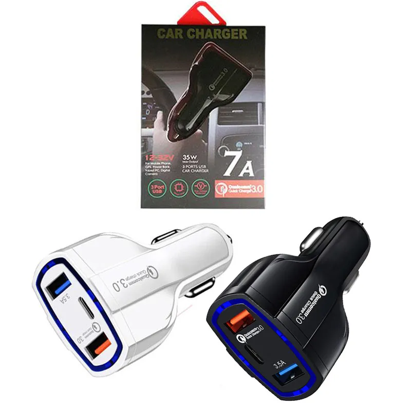 Typ C Billaddare 3 USB-portar Fast Snabb Laddning Auto Power AadaPter 35W 7A Billaddare för iPad iPhone X XR 11 12 Pro Max Android-telefon