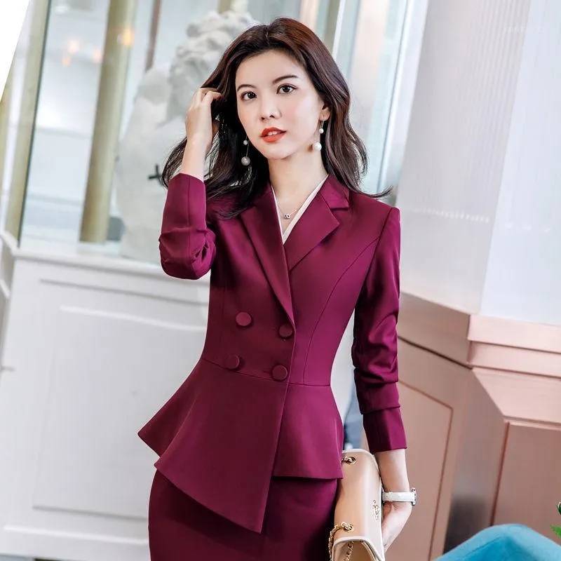 Arbeitskleider 2021 Frühling Herbst Solide Rock Anzug Frauen Rot Elegante Büro Dame Jacke Beiläufige Dünne Rüschen Zweireiher Blazer1