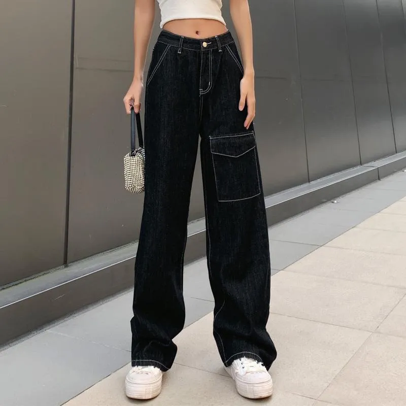 Aesthetic Boyfriend Mom Straight Leg Pants Women Trousers Pantalones Cargo Vintage High Waisted Black Jeans Indie Aesthetic Y2k