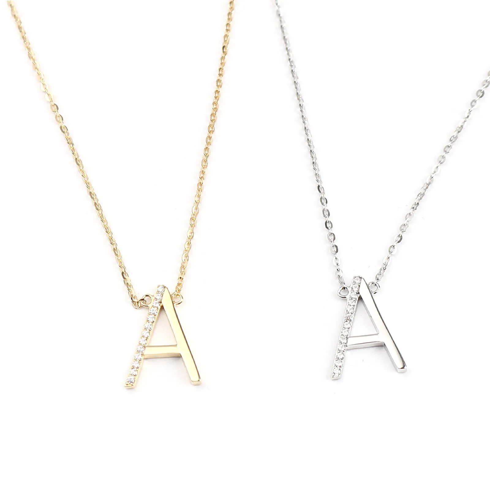 925 Sterling Silver Micro Pave Necklace Silver Color Capital Alphabet/ Letter Message " A " Clear Rhinestone 41cm long, 1 Piece Q0531