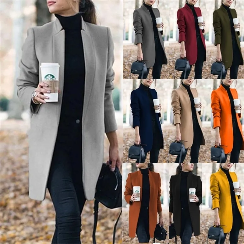 Woolens płaszcze kobiety jesień zima stojak szyja z długim rękawem kieszenie cienkie płaszcze wełniane dorywczo żeński biurowe kurtki Plus rozmiar 201216
