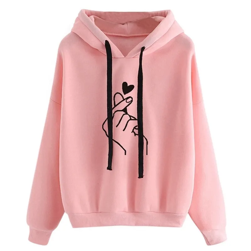 Harajuku kvinnors tröjor och hoodies överdimensionerade kpop svart rosa kärleksfinger casual streetwear tjejer huva långärmad tracksuit lj200815