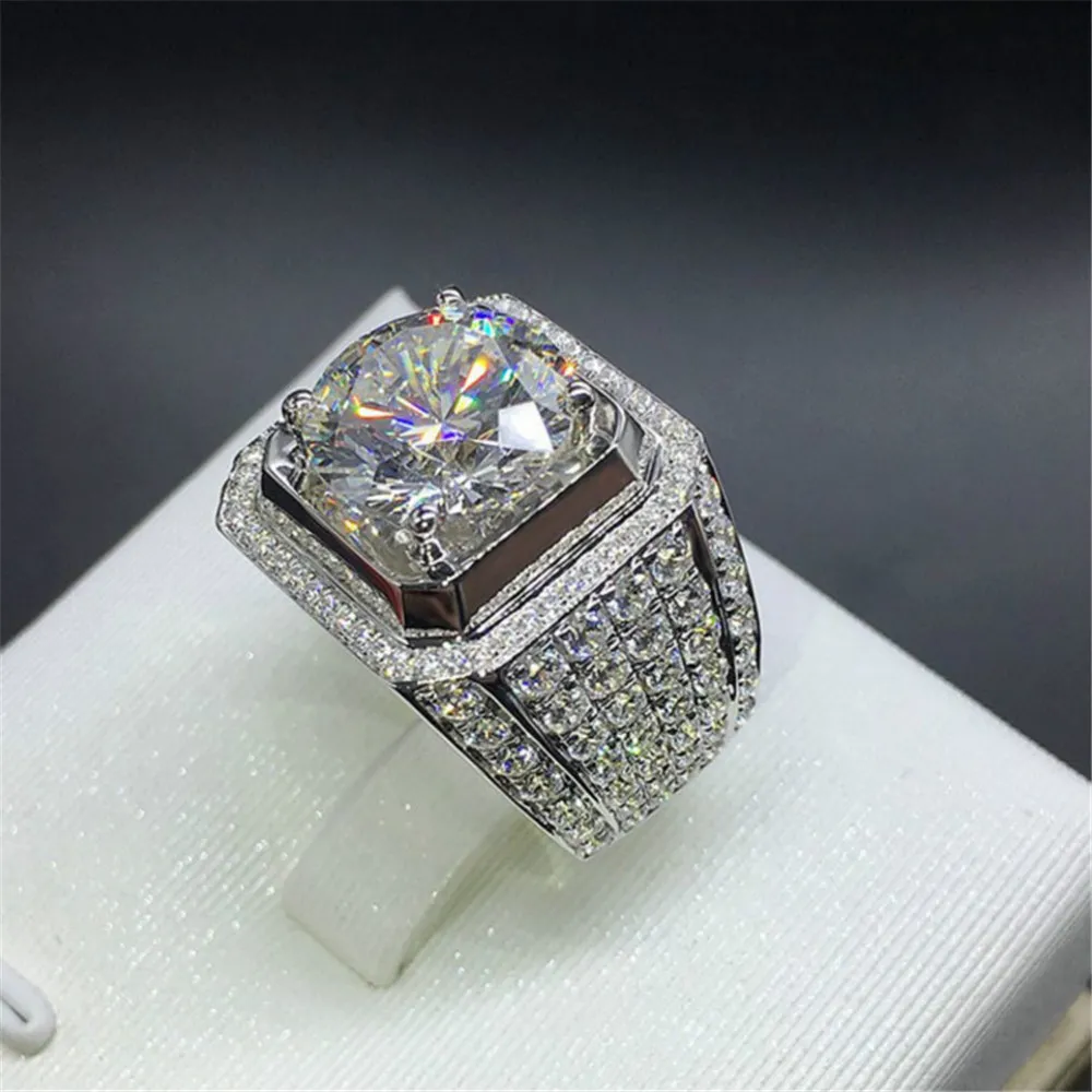 925 Sterling Silver Full Diamond Shiny Luksusowy Trend Styl Honeycomb Chłopcy Platinum Plated Imitacja Cyrkon Szeroki Ring