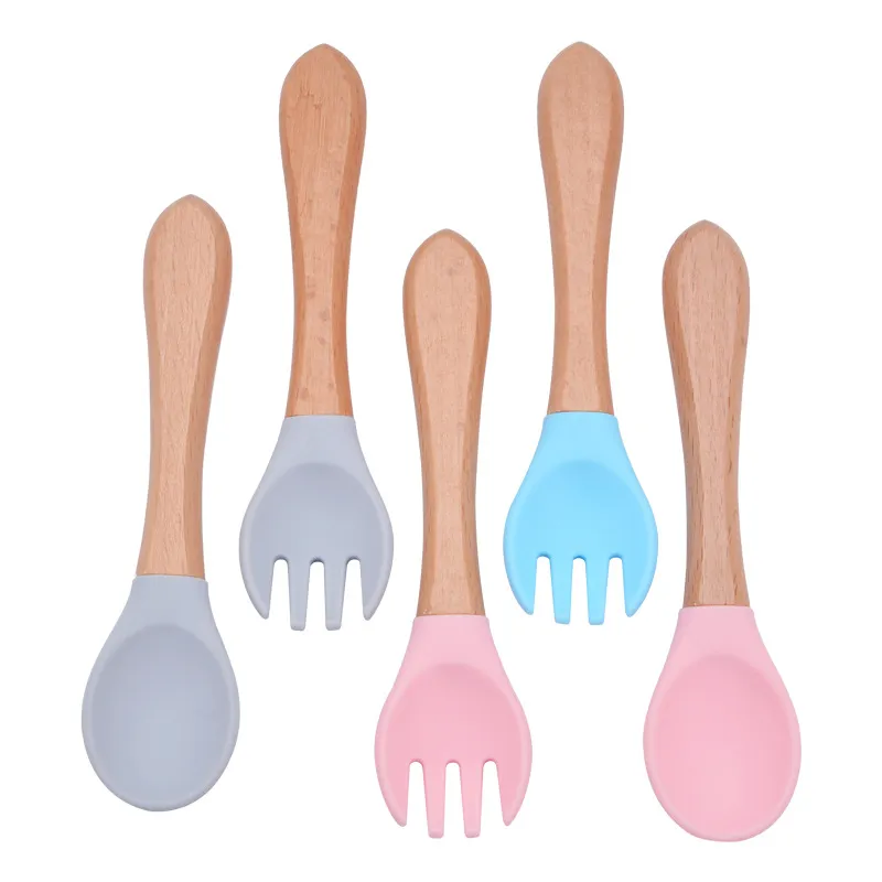 Convenient Silicone Wood Fork And Spoon Set For Toddlers Cute Feeding