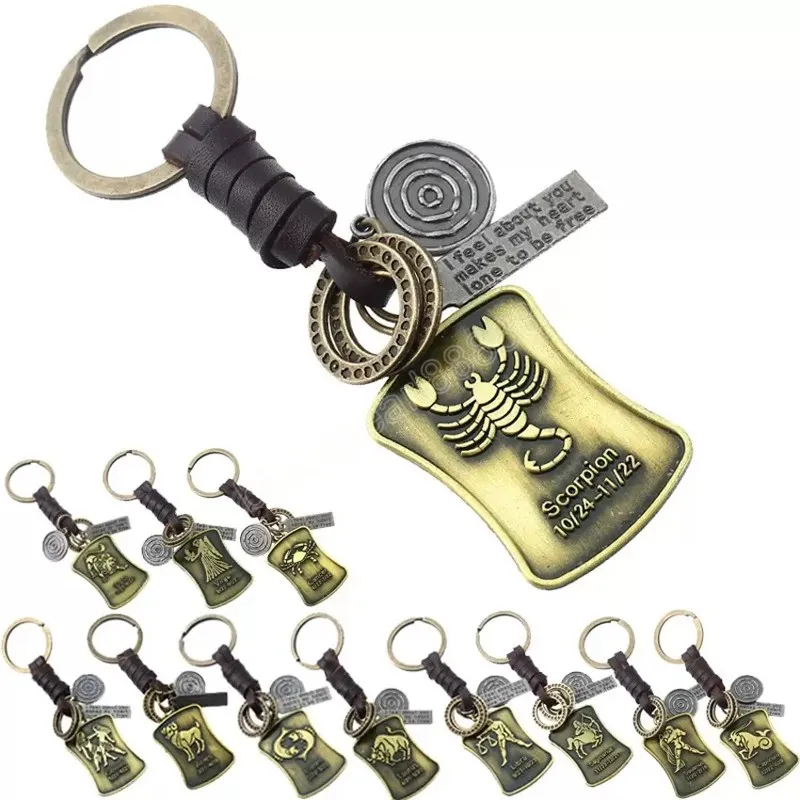 Bronze Fashion Keyring key rings 12 constellations Leather Keychain Bag Hangs Jewelry