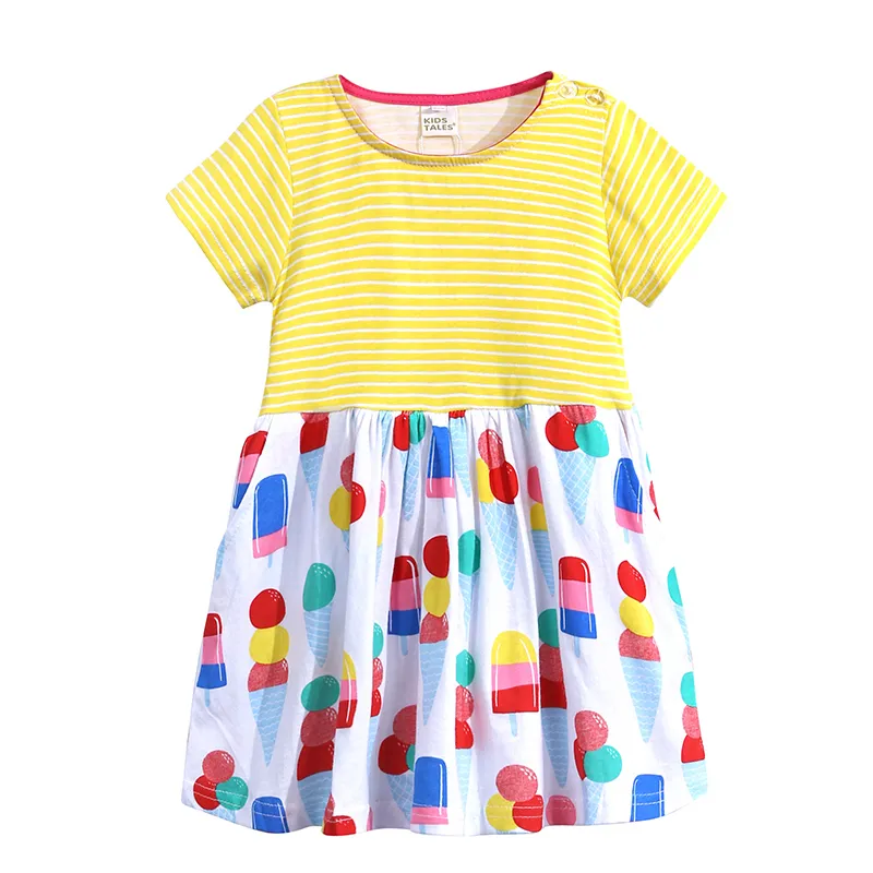 Kids Tales baby girl summer clothes Cotton Striped Floral Short Sleeve dress elegant for 2 3 4 5 6 years kid girl princess dress
