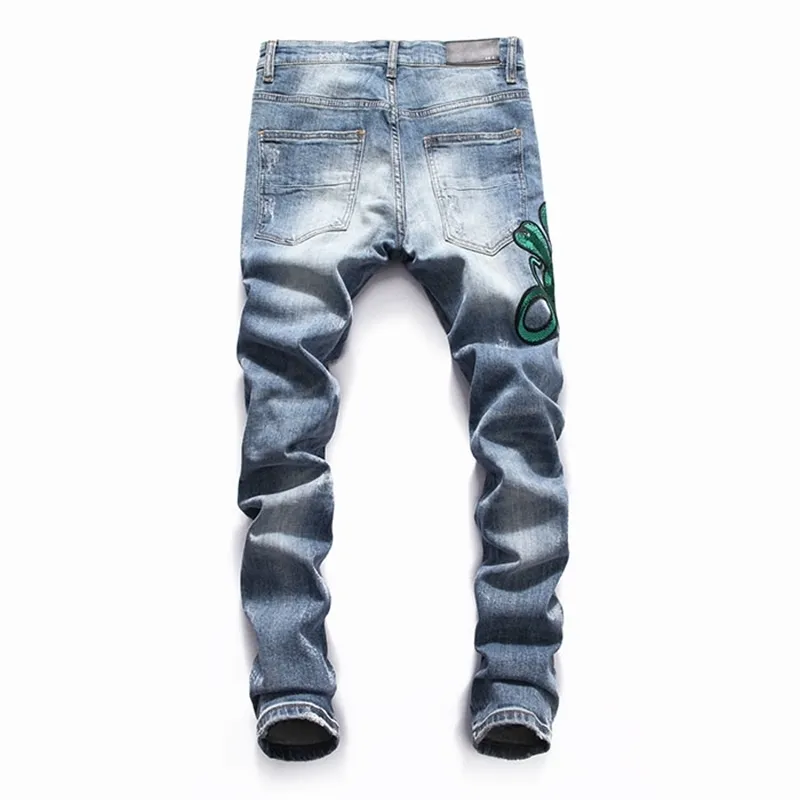 Jeans de marca masculina estilo clube europeu padrão de cobra calça jeans slim masculina calça jeans com zíper calça lápis jeans para homem 20111265l