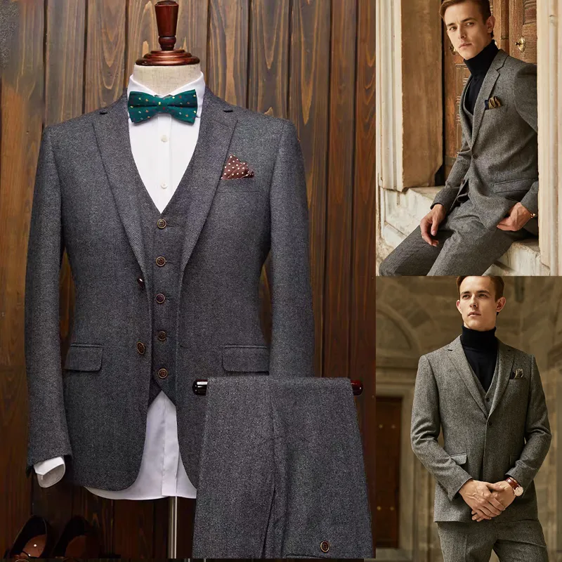 Mens Blazers Wool Blend Groom Tuxedos Two-Button Groomsmen 2021 New Custom Made Best Man Suit Wedding 3 Pcs Suits (Jacket+Vest+Pants)