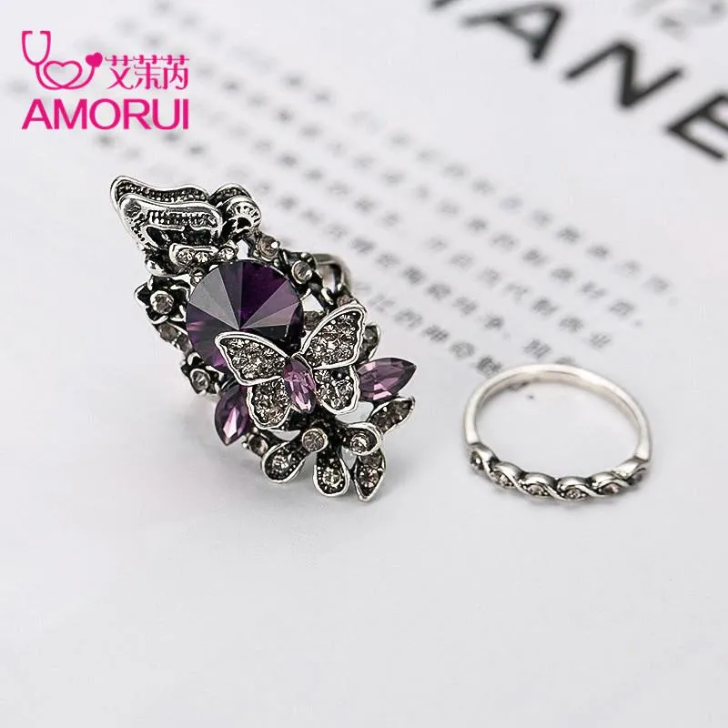 AMORUI-anillos de joyería Vintage para mujer, Color plata antigua, azul, cristal púrpura, flor, mariposa, conjunto de anillos de boda