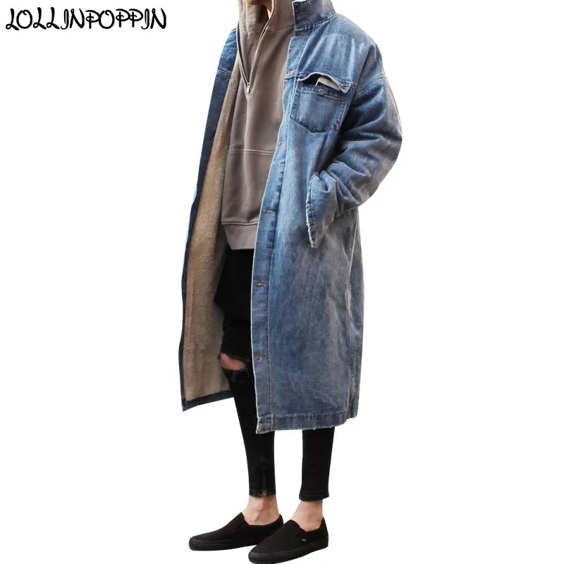 Longo estilo High Street Homens Trench Coat Retro Azul Denim Jaqueta Zippered Punhos Único Berber Berber Fleece Inverno Outerwear 201207