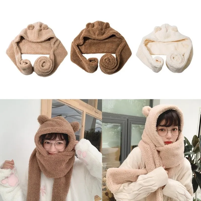 Bonnet à capuche 2 en 1 pour femmes coréennes, longue écharpe, chapeau avec oreilles d'ours mignonnes, épais, moelleux, en peluche, à rabat thermique, hiver