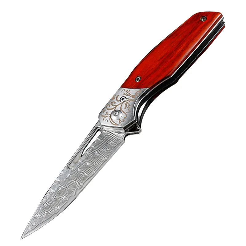 Coltello pieghevole Flipper con cuscinetti a sfera a 3 colori di manico Coltelli tascabili EDC con lama in acciaio di Damasco con fodero in pelle