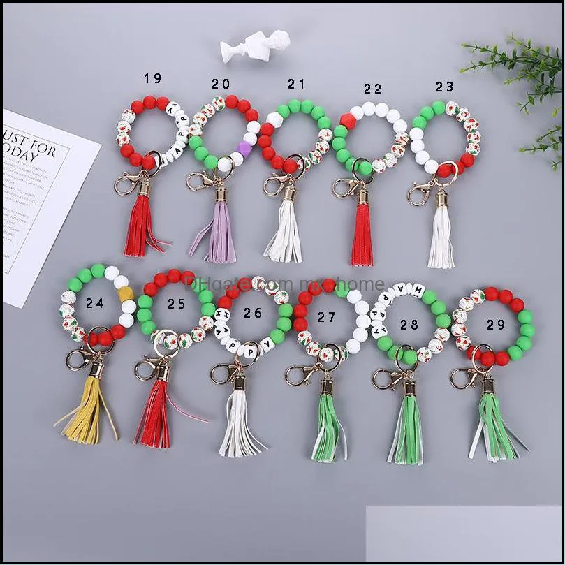 Jewelry 65 Colors Beaded Keychain Party Favor Wooden Tassel String Chain Food Grade Silicone Bead KeyRing Women Wrist Strap Bracelet