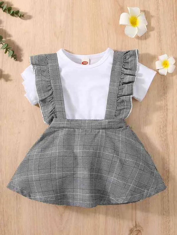 Bebê sólido tee glen plaid plissado guarnição suspender saia ela