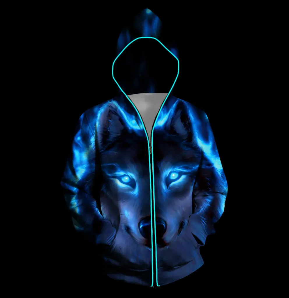 Led Glowing Hoodies Men Women Colorful Wolves Luminous Hooded Sweatshirt Street Club Women Men Couple Hoodies Sudadera Hombre C1116