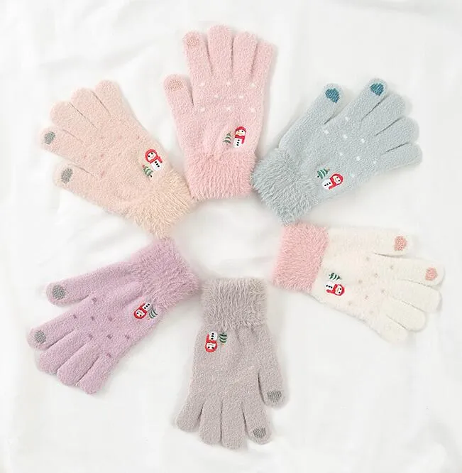 En peluche plein doigt gants hiver chaud doigt gants femme écran tactile dessin animé bonhomme de neige étudiant adulte gants