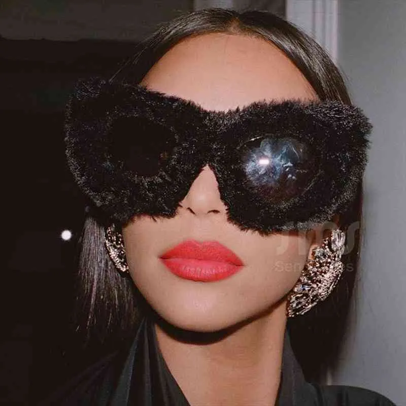 ABD Depo Trendy Kedi Göz Kardashan Güneş Gözlüğü Kadın Punk Yumuşak Kürk Kadife Güneş Gözlükleri Bayanlar UV400 Shades El Yapımı Gözlük Gafas de Sol