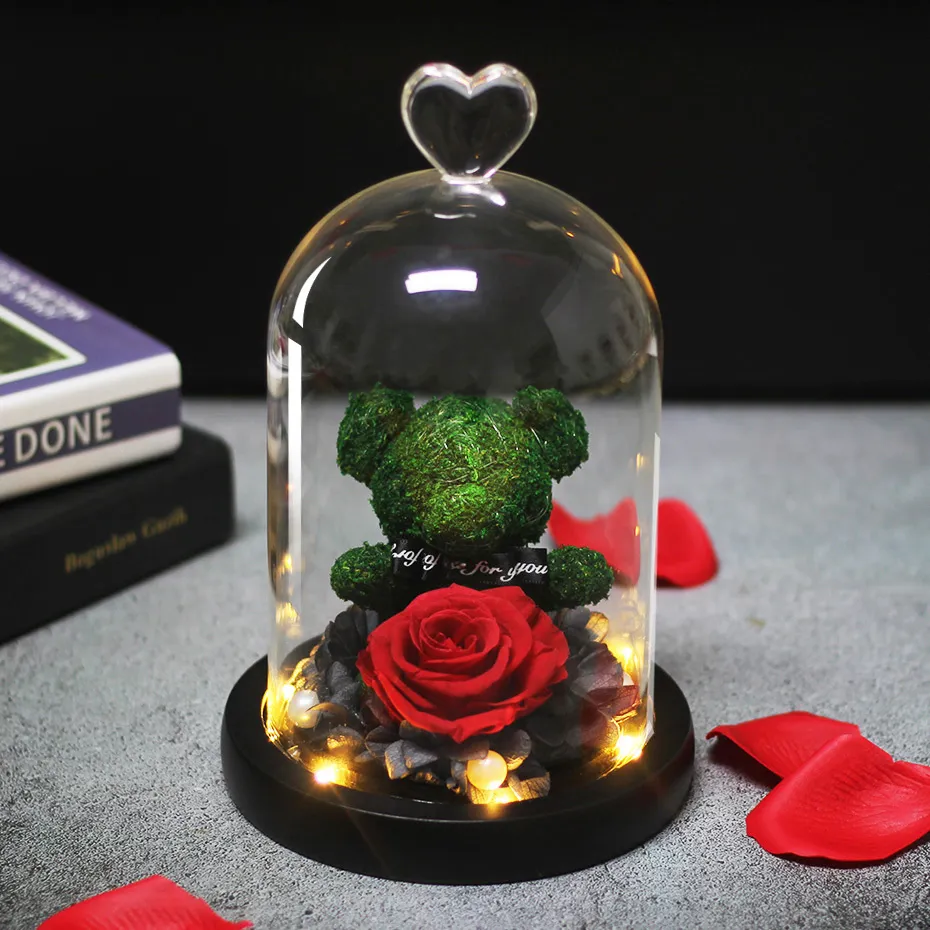 Eternal Preserved Fresh Rose Lovely Teddy Bear Molding Led Light In A Flask Immortal Rose Valentine's Day Mother's Day G3106