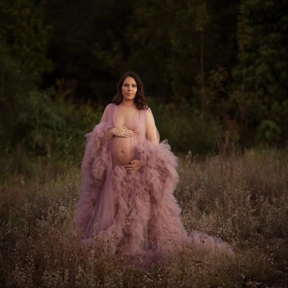 pink fluffy maternity dress Pink Mesh Tiered Long Sleeve Maternity Maxi Dress