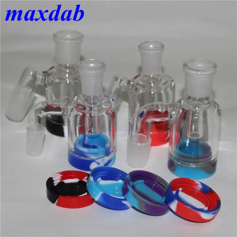 Catchers de cinzas de vidro de cachimbo de vidro 14 mm 18mm 45 90 graus com 7 ml de jarra de silicone Ashcatcher para plataformas de petróleo de cachimbo de cachimbo de cachimbo