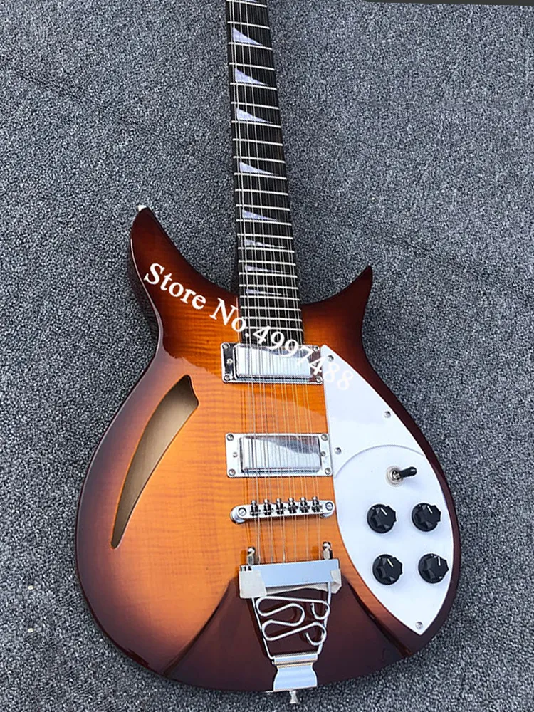 Nieuwe aankomst 12string elektrische gitaarinstrument, rode lak Semi Hollow, Tiger Maple fineer, F-hole echte foto