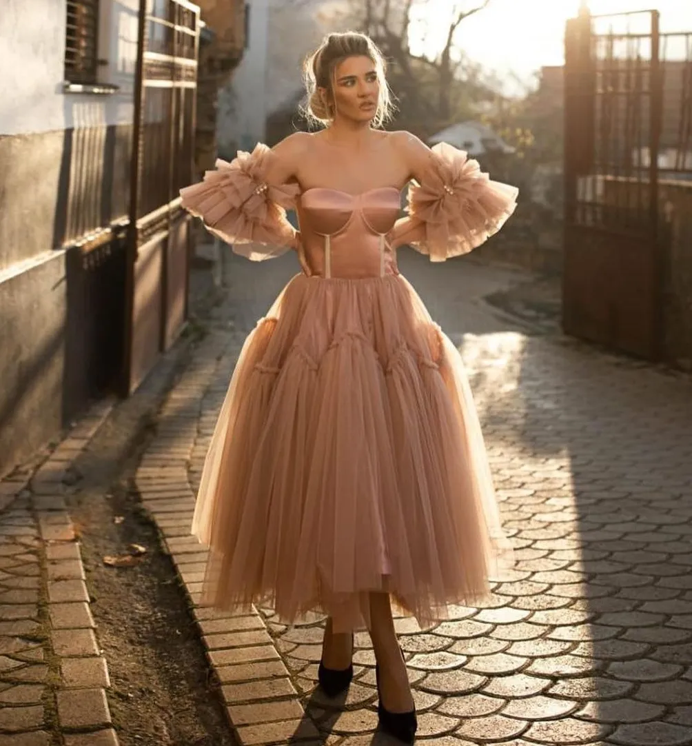 Strapless Long Prom Dress with Detached Puff Sleeves