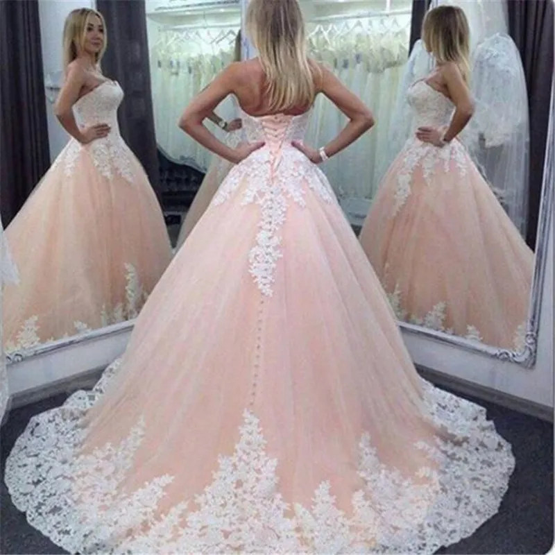 2021 Ny vintage sexig quinceanera klänningar bollklänning med rosa spets applikationer tulle spets-up sweet 16 prom klänningar vestidos de quinceanera QC76