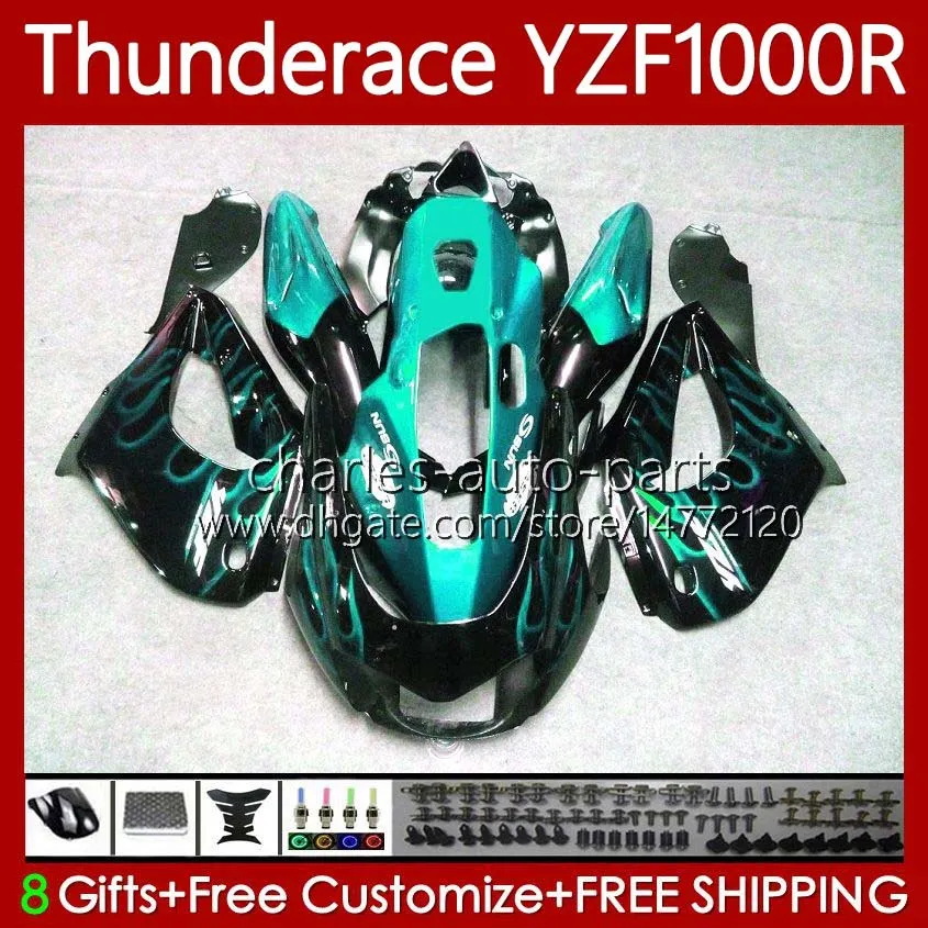 Fairings för Yamaha YZF1000R Thunderace YZF 1000 R 1000R 96-07 87NO.95 YZF-1000R Cyan Flames 1996 1997 1998 1999 2000 2001 2002 2007 YZF1000-R 96 03 04 05 06 07 Kropps kit