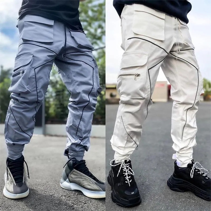 Spring Autumn Cargo Pants Men Fashion Hip Hop Cool High Street Joggers Nighttime Reflective Trousers Casual Men's Sweatpants313L