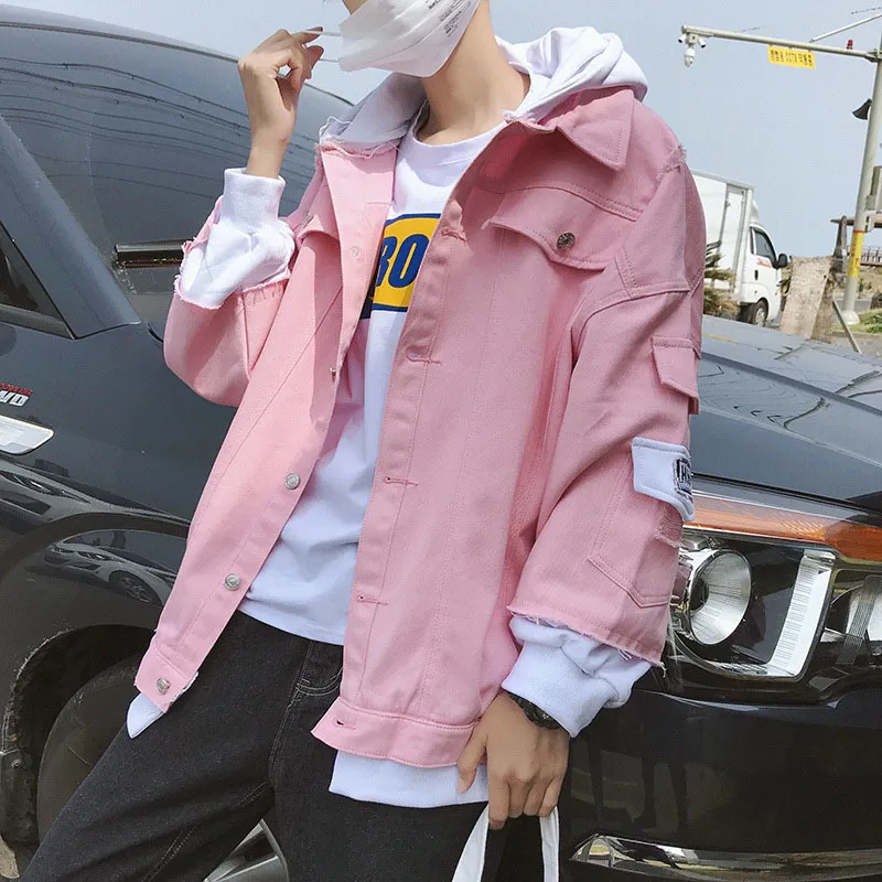 Light Pink Hoodie Mens Pink Denim Cotton Jacket Wholesale Spring