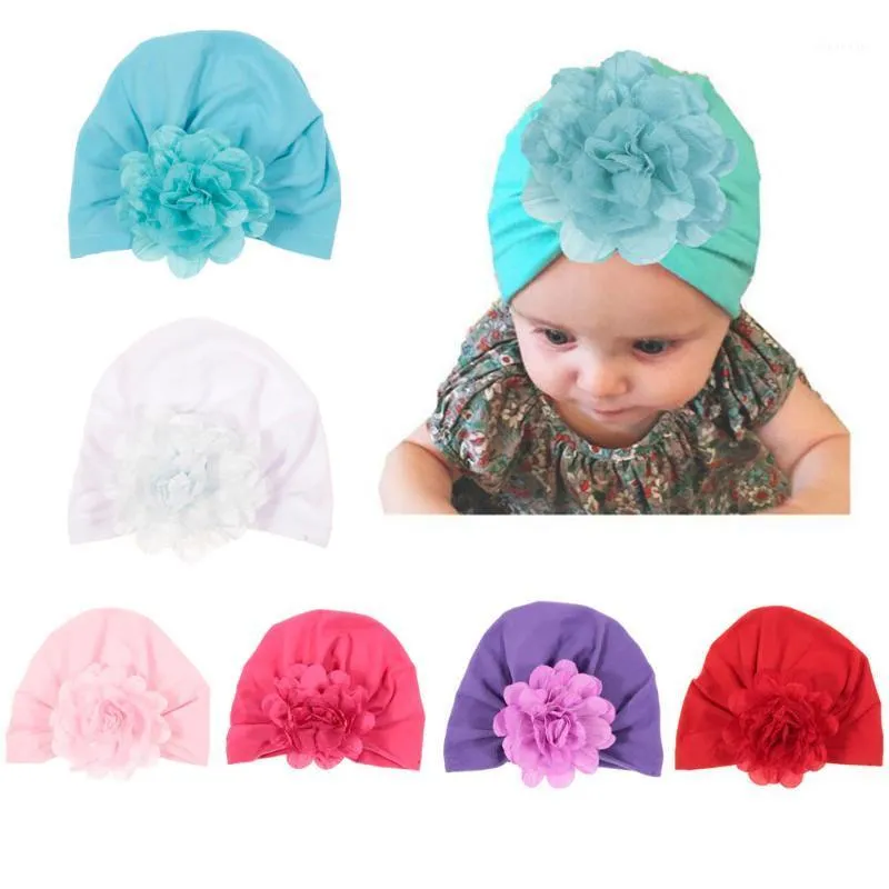 Hårtillbehör mjuk baby toddler turban hatt med blomma bomullsblandning född kepsar beanie topp knut spädbarn po rekvisita barn dusch present1