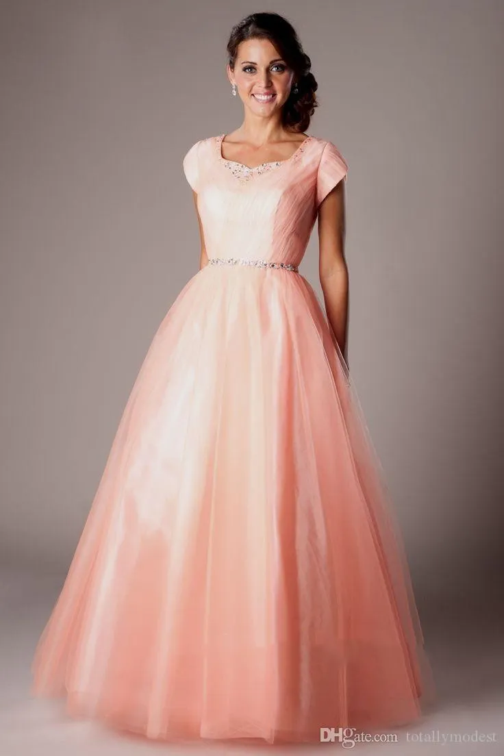 Coral Long A-Line Modest Prom Sukienki z Rękawami Czapki Długość Piętro Kryształy Tulle Nastolatki High School Mapest Evening Prom Suknie Tanie Sprzedaż