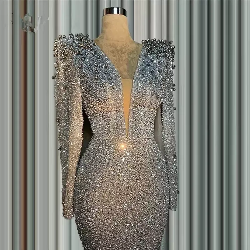 Glitter Gümüş Mermaid Örgün Abiye Arapça Kadınlar için Seksi Derin V Boyun Uzun Kollu Boncuklu Kristaller Balo Aradan Törenlerinde Vestidos De Novia CG001