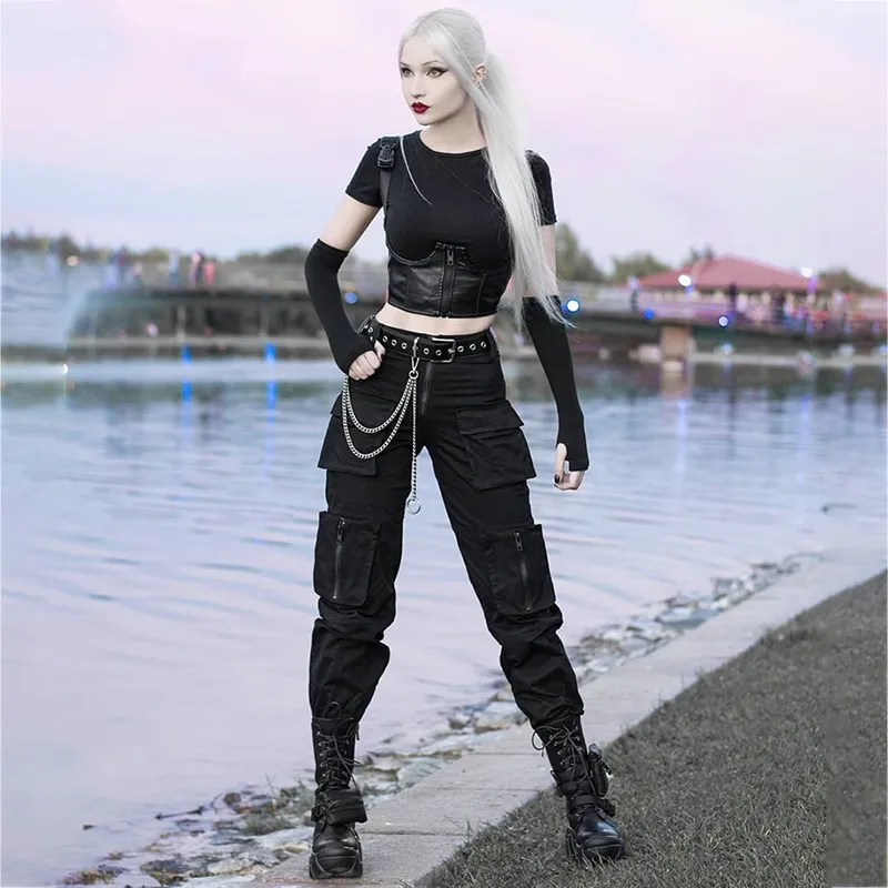 Y Demo Techwear Casual Women Lastbyxor Sashes High midjfickor i full längd med dragkroppar Kvinnliga modeklädercx220310