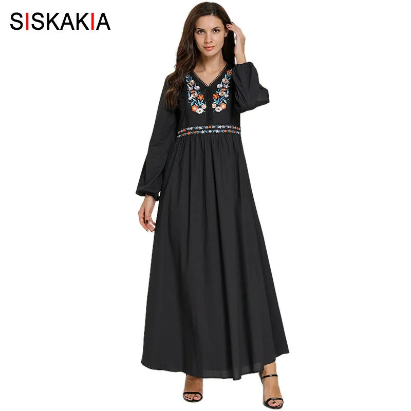 Siskakia Casual Moslim Lange Jurk Etnische V-hals Lange Mouw Floral Borduurwerk Maxi Jurken Zwart Plus Size Arabische kleding 2019 T200601
