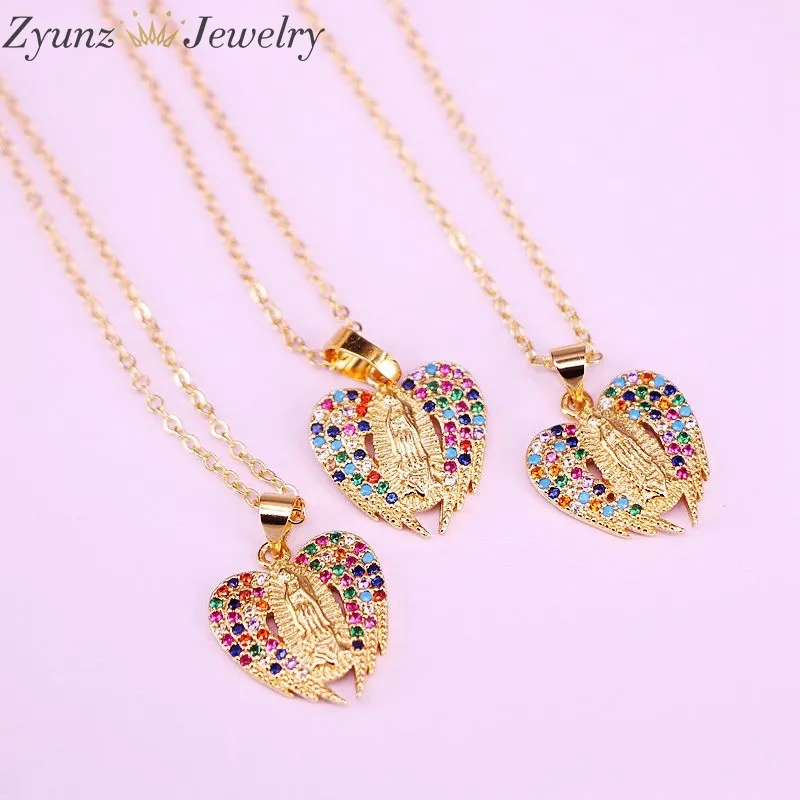 10 PZ, 11 Stili, Color Oro Vergine Gesù Gioielli Religiosi Arcobaleno / Clear Crystal Zirconia CZ Micro Pave Pendente Collana J1218