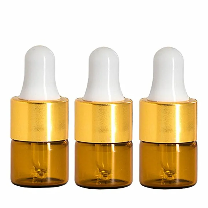 Läcksäker 1 ml 2 ml 3 ml 5 ml mini bärnsten glas parfym oljeflaska med aluminium guld dropper lock, liten rese kosmetisk serum dropper injektionsglasflaska freeship