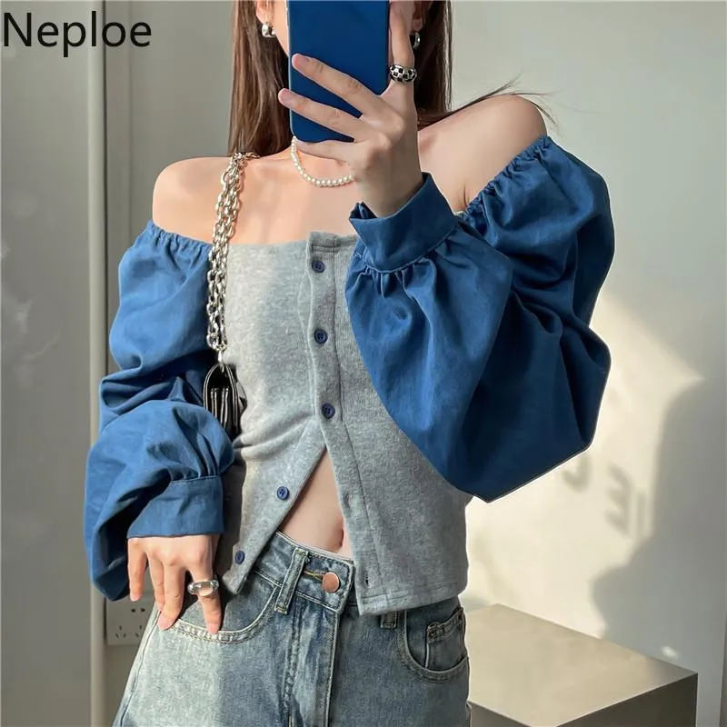 Women's Blouses & Shirts Neploe Women Square Collar Sleeve Chic Patchwork Denim Crop Tops 2021 Korean Temperament Blusas Mujer