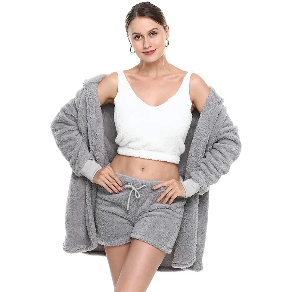 Womens Fuzzy Fleece Pajama Set With Sherpa Coat Jacket, Spaghetti Strap  Crop Top, And Lounge Shorts Women Perfect For Autumn And Winter From Luote,  $20.89